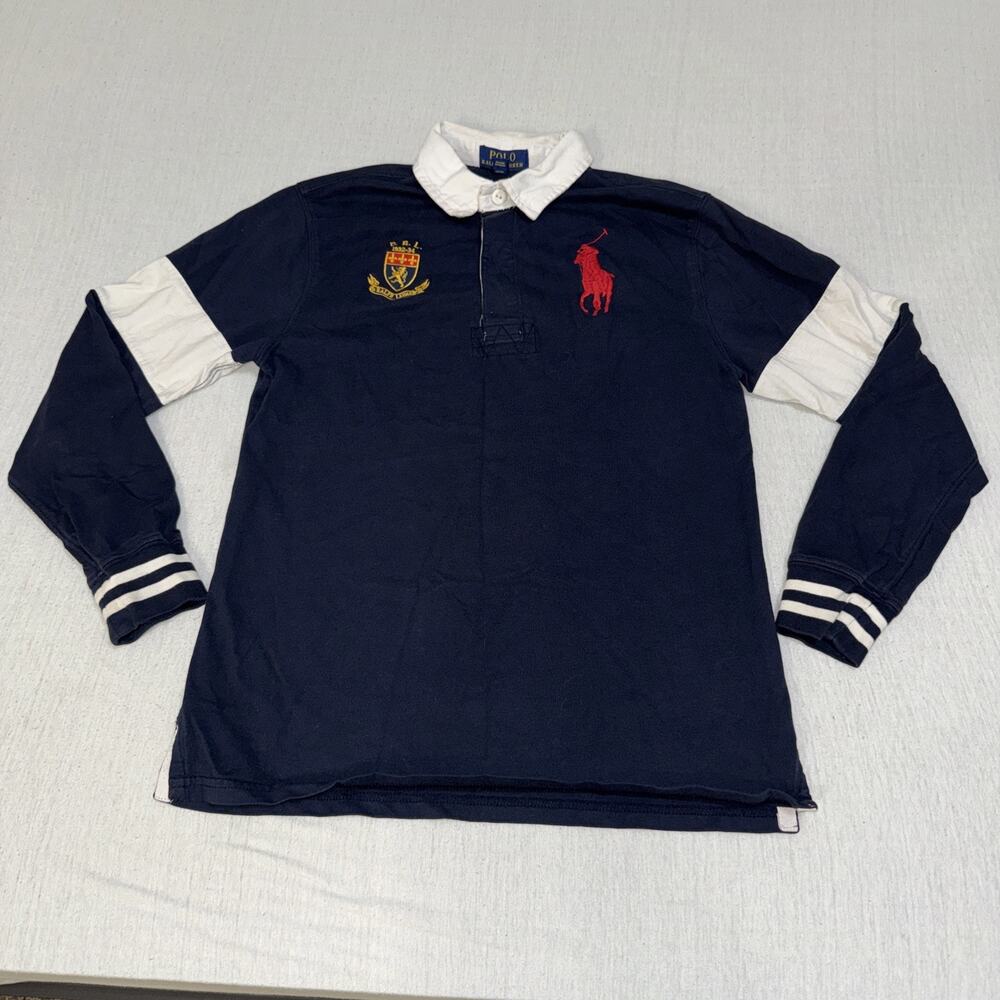 Polo Ralph Lauren Shirt Youth L (14-16) Blue Long Sleeve Rugby Polo Big Pony EUC